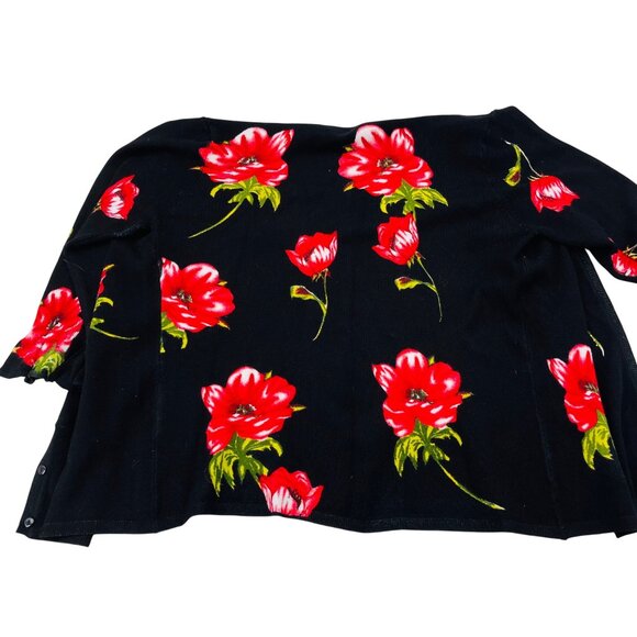 Elizabeth New York Floral Black Cardigan Sweater Red Poppies Large Button Front - Picture 4 of 4